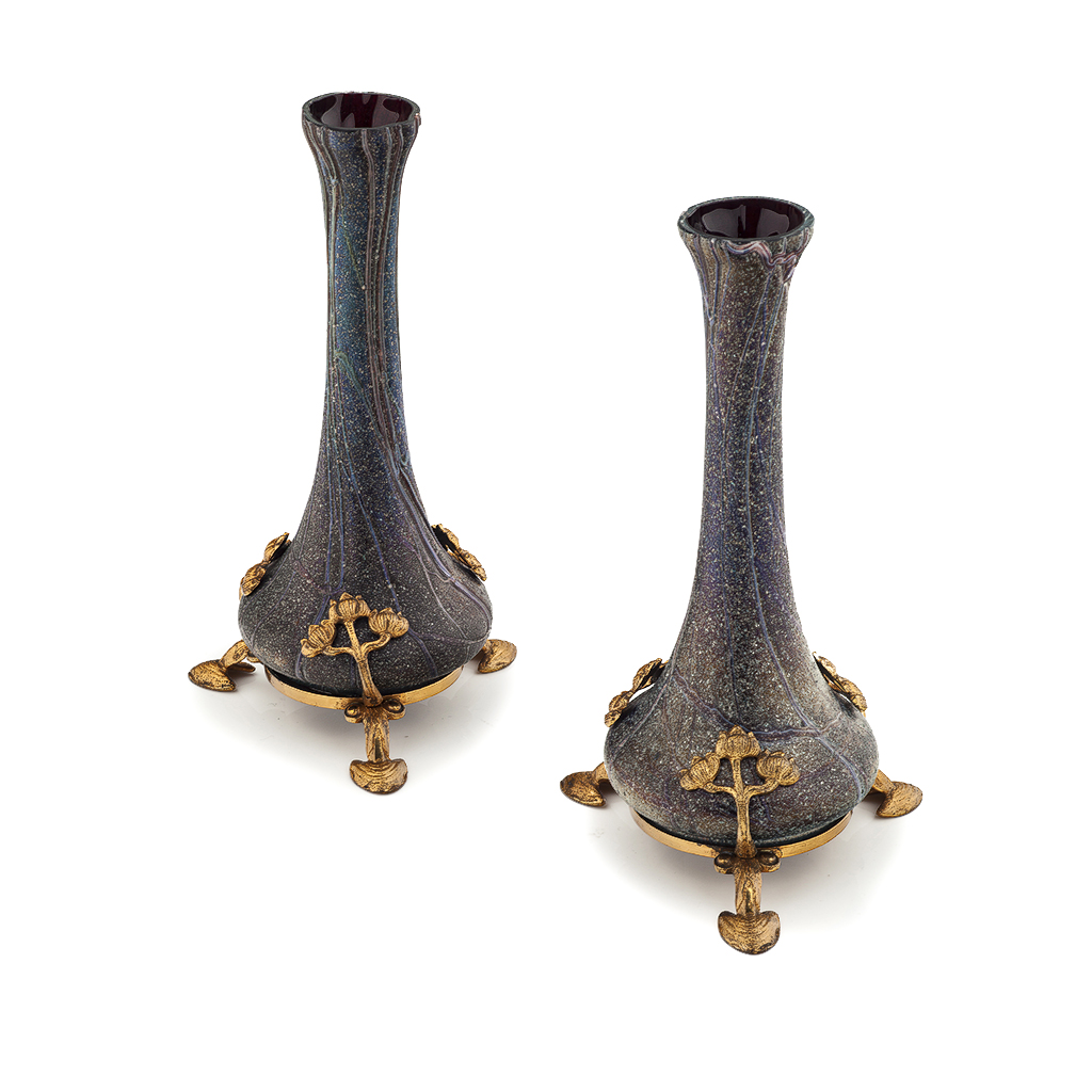 Appraisal: PALME KONIG PAIR OF GILT METAL MOUNTED GLASS VASES CIRCA