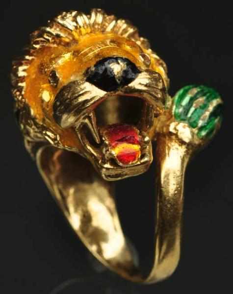 Appraisal: K Y Gold Lion Ring with Sapphire Enamel Work Weight