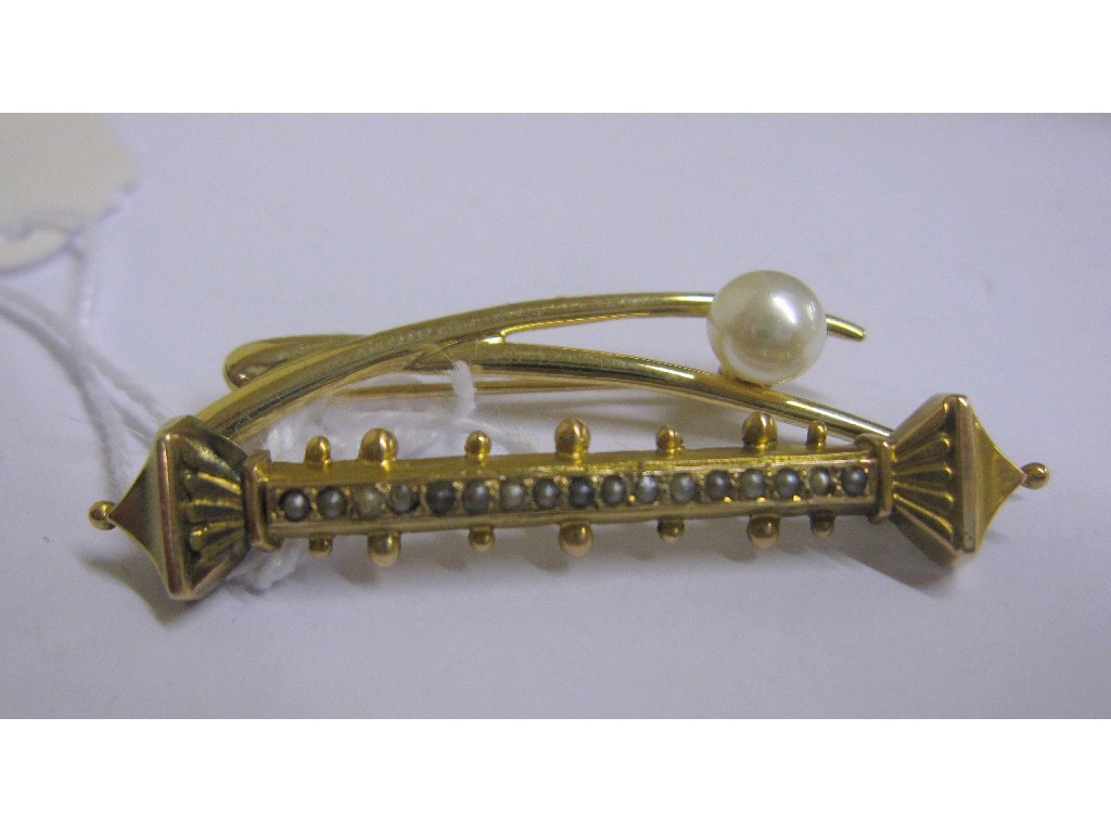 Appraisal: Lot comprising two ct gold pearl set bar brooches