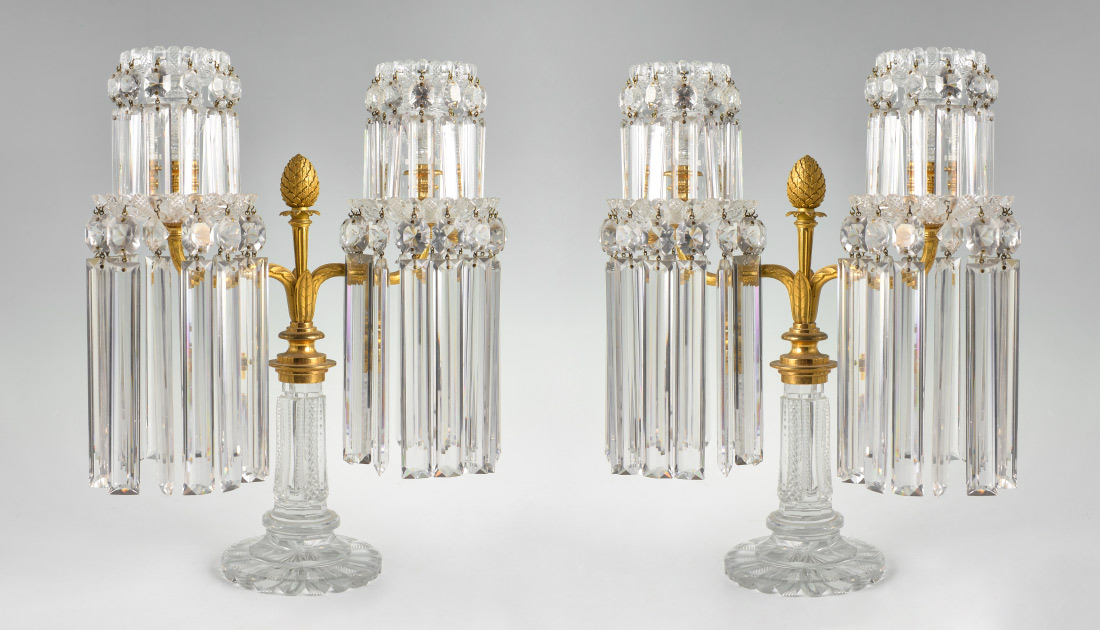 Appraisal: PAIR OF BACCARAT QUALITY PRISMED CANDELABRA Gilt bronze body with