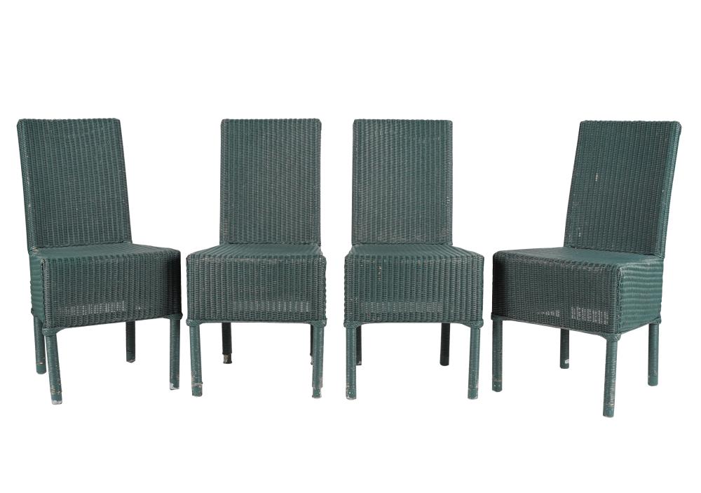 Appraisal: FOUR GREEN-PAINTED WICKER HIGH BACK SIDE CHAIRSunsigned no cushions inches