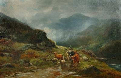 Appraisal: SIDNEY WATSON Highland Landscape with Drover Cattle and Sheep signed