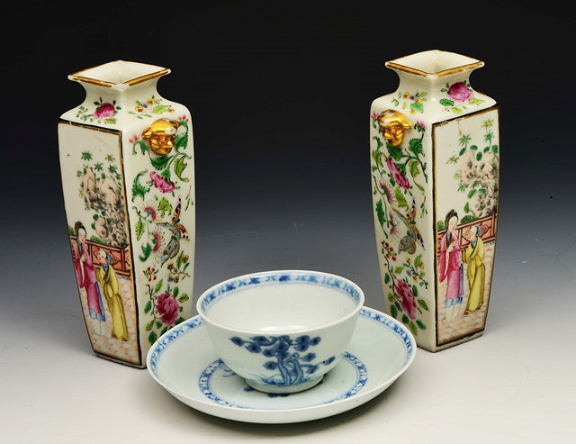 Appraisal: A PAIR OF CHINESE CANTONESE SQUARE SECTION MINIATURE VASES with