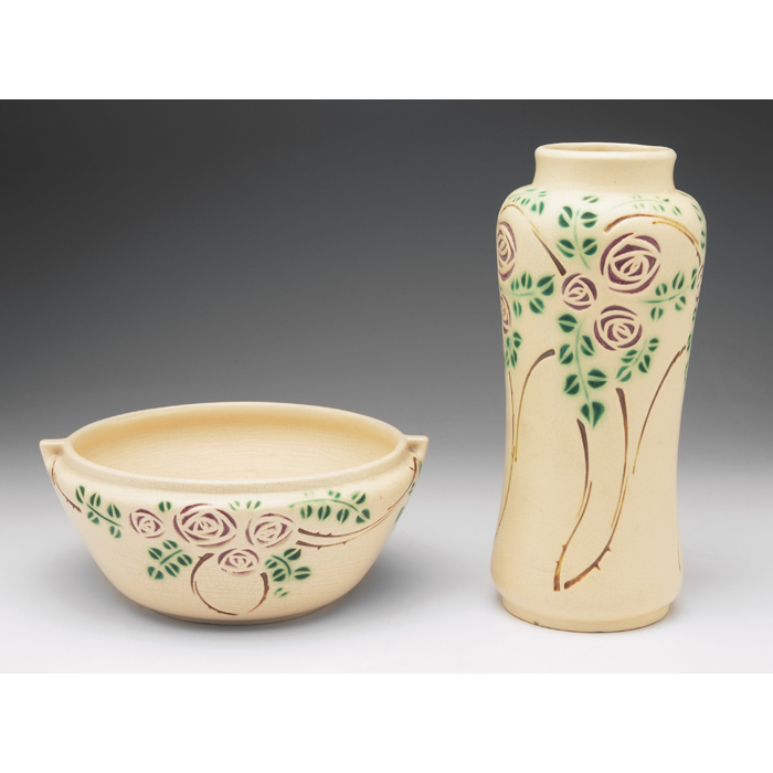 Appraisal: Roseville Velmoss Scroll bowl and vase stylized roses both unmarked