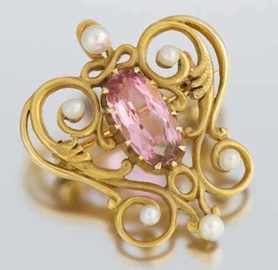 Appraisal: A Victorian Style Pink Quartz and Pearl Brooch Tested k