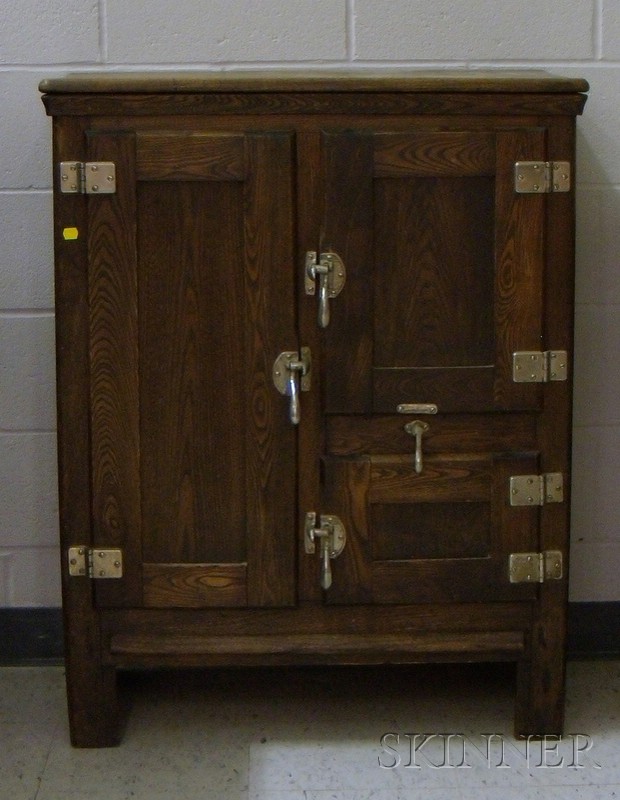 Appraisal: Early th Century Oak Three-Door Ice Box with painted metal