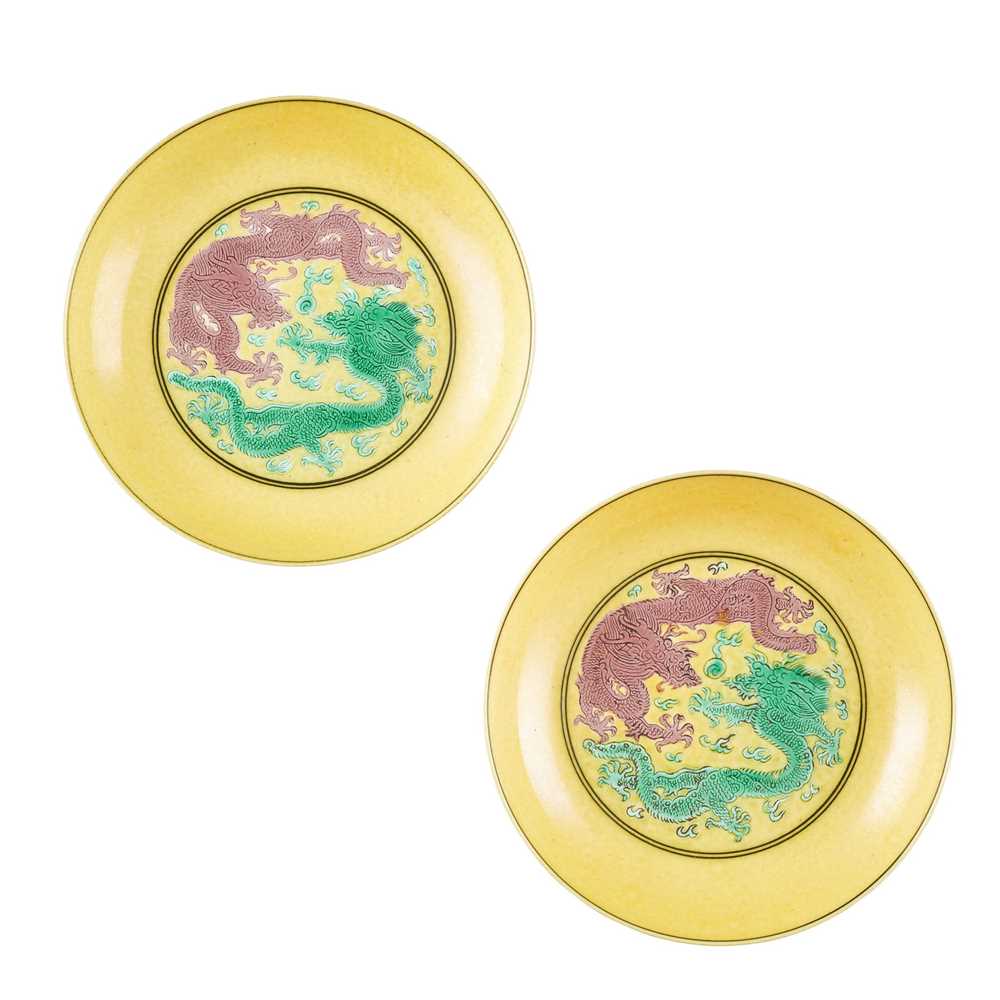 Appraisal: PAIR OF YELLOW-GROUND AUBERGINE AND GREEN-ENAMELLED 'DRAGON' DISHES GUANGXU MARK