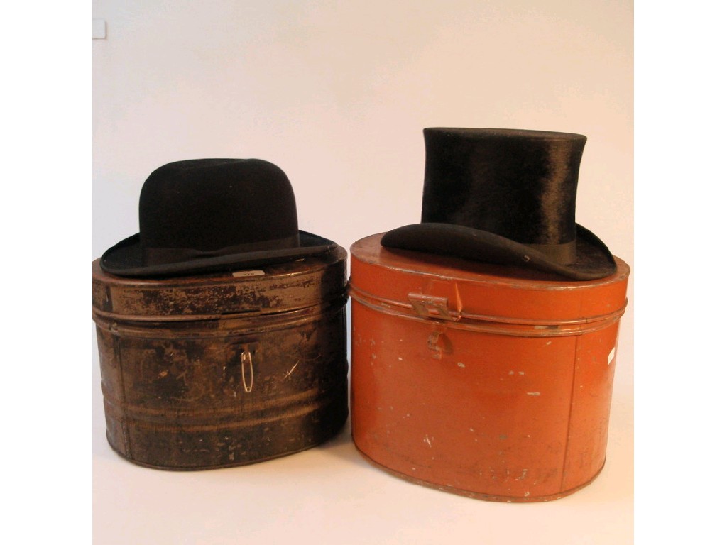 Appraisal: Top hat and bowler hat both with tins