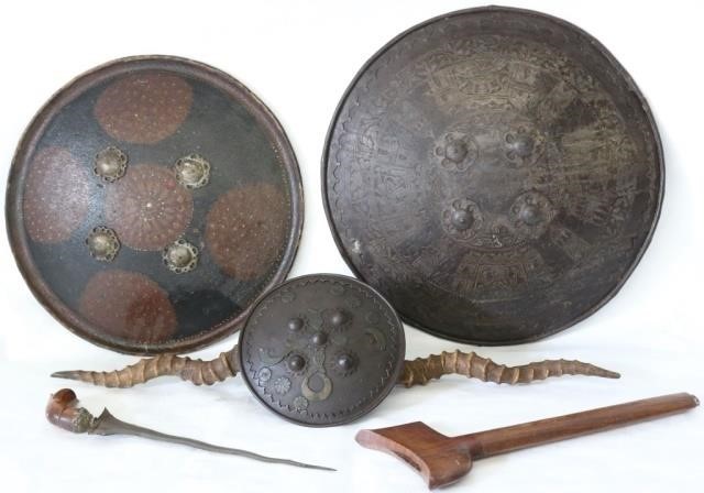 Appraisal: FOUR TH C ITEMS TO INCLUDE PERSIAN IRONSHIELD PAINTED LEATHER