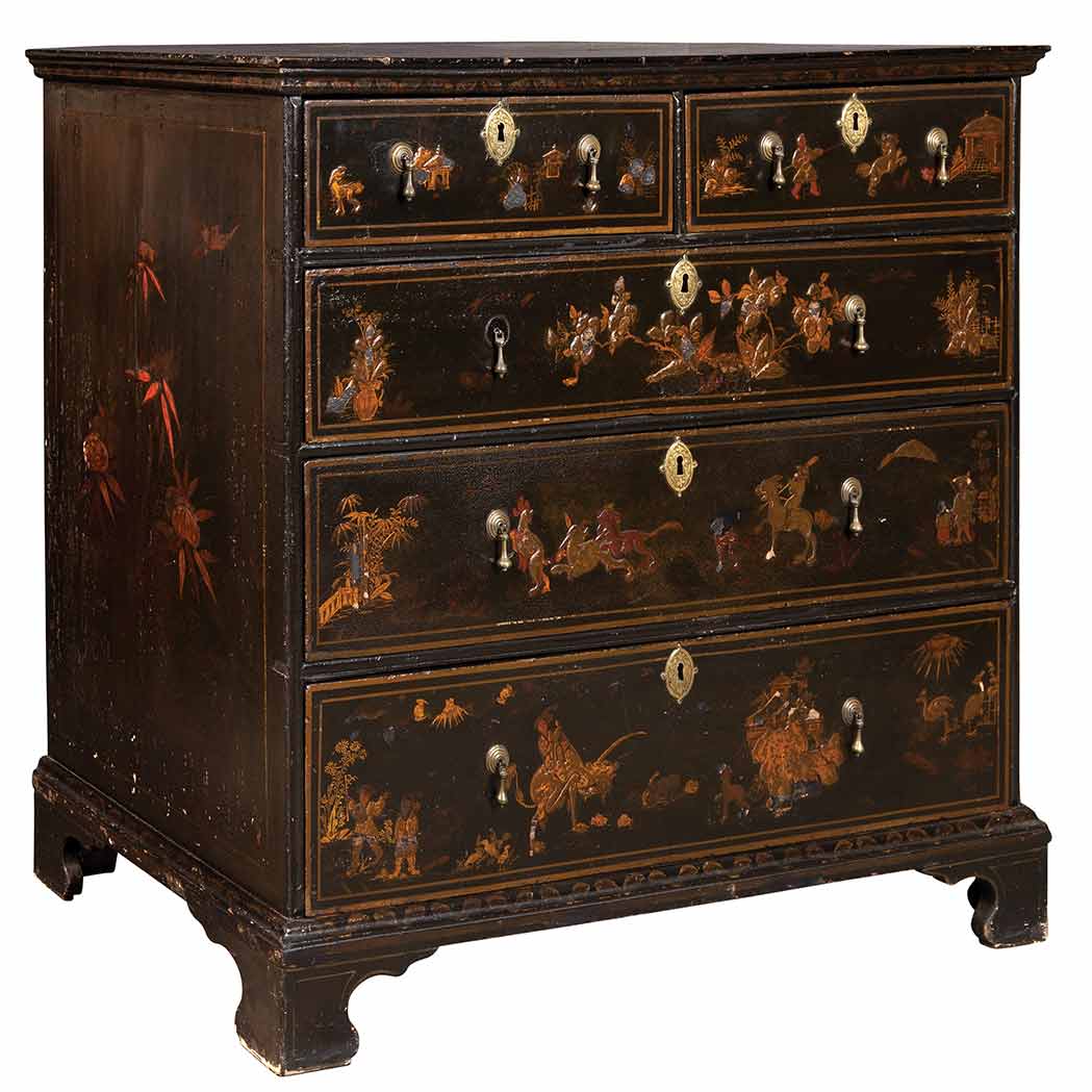 Appraisal: George I Black Japanned and Parcel Gilt Chest of Drawers