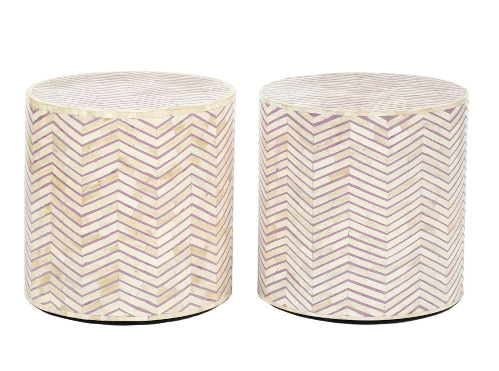 Appraisal: PR HORCHOW MOSAIC BONE DRUM TABLESPair of mosaic herringbone pattern