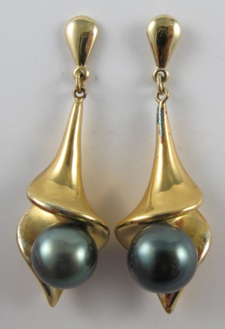 Appraisal: PAIR OF BLACK PEARL EARRINGS each k yellow gold with