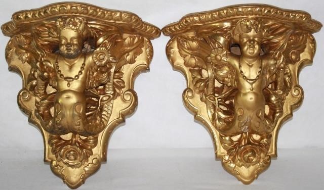 Appraisal: PAIR OF LATE TH CENTURY ITALIAN CARVED ANDGILDED BRACKETS DEPICT