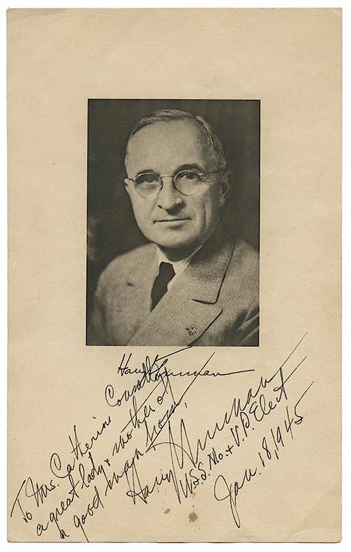 Appraisal: Harry Truman Inauguration Card Signed As Vice President-Elect Truman Harry