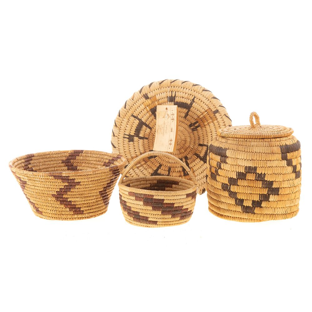 Appraisal: Four Papago Woven Baskets all with geometric pattern decoration includes