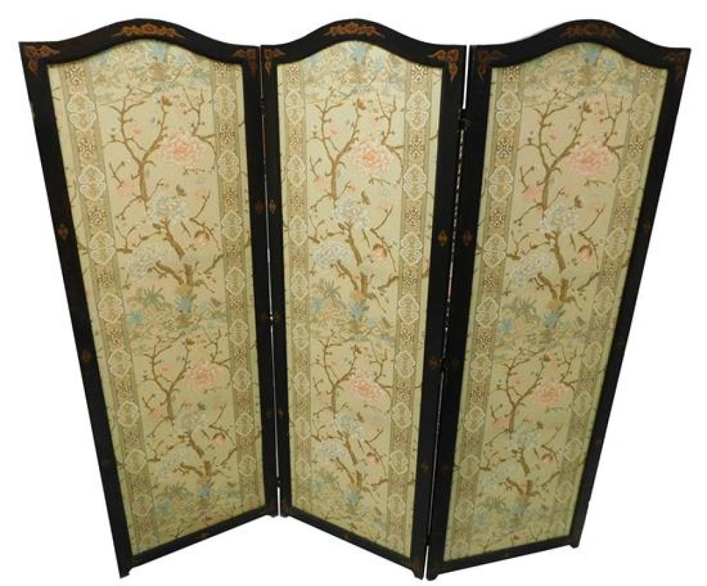 Appraisal: Floor screen three panels inset with chinoiserie design fabric with