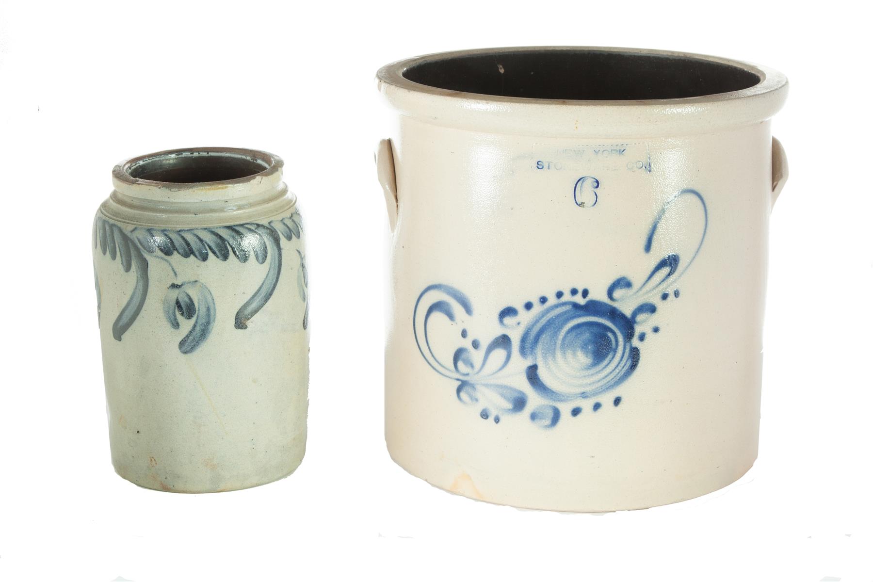 Appraisal: TWO STONEWARE JARS WITH COBALT FREEHAND DECORATION American nd half-