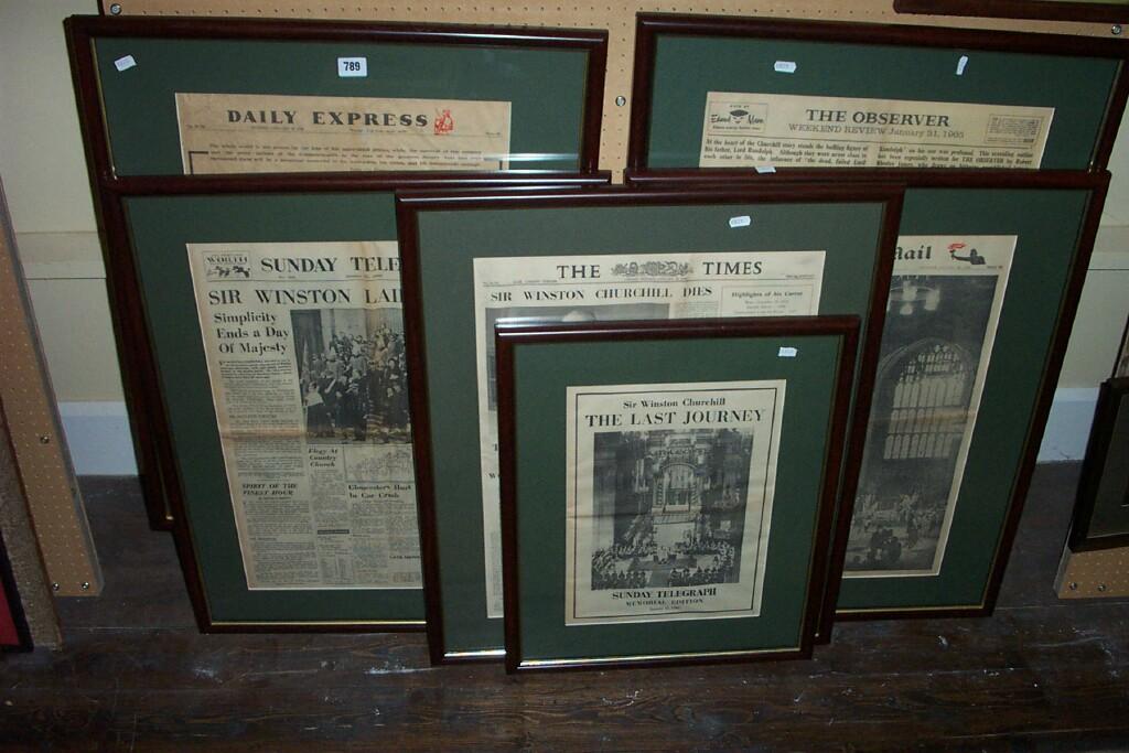 Appraisal: A collection of six framed newspaper pages relating to Sir