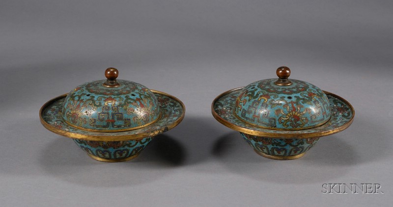 Appraisal: Pair of Cloisonne Covered Bowls China th century Cha Tou