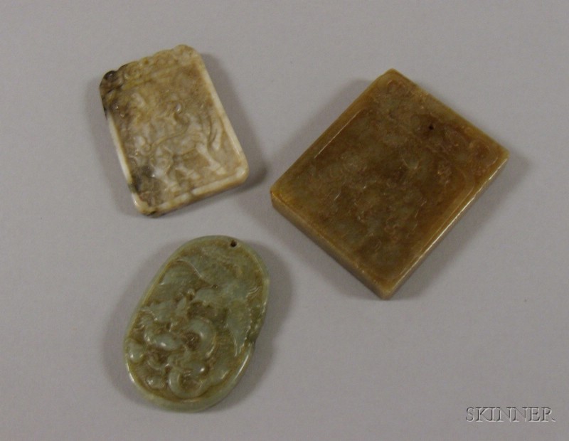 Appraisal: Three Jade Pendants two squares and an oval figures animals