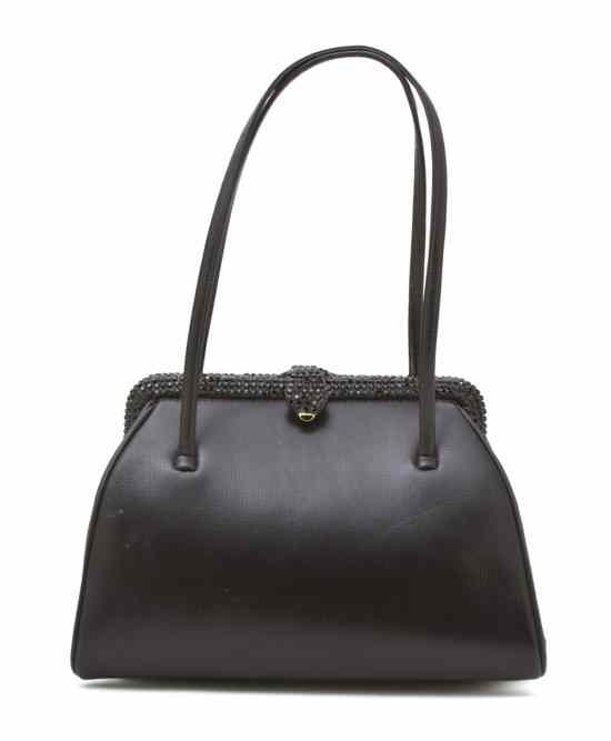 Appraisal: A Judith Leiber Black Leather Bag jet beading around frame