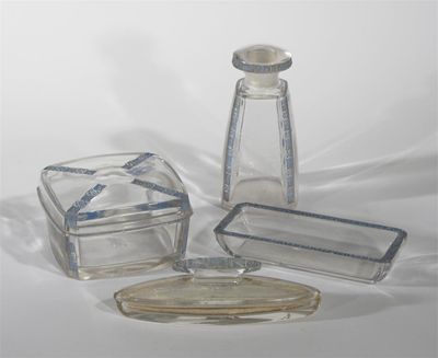 Appraisal: Fleurettes' Lalique blue stained glass part dressing table set designed