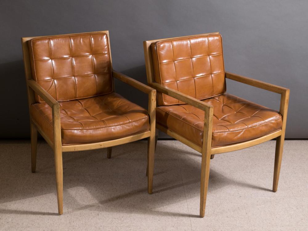 Appraisal: PAIR OF MID-CENTURY ARMCHAIRS with brown vinyl upholstery Dependable Furniture