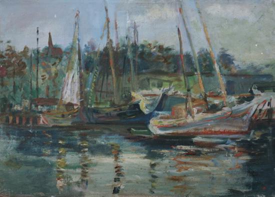 Appraisal: AMERICAN SCHOOL th century BOATS AT DOCK oil on canvas