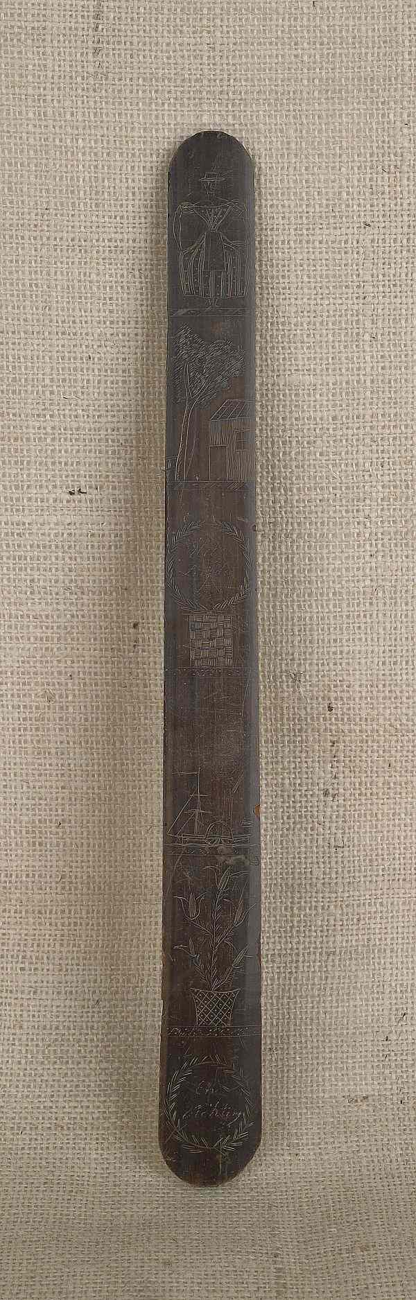 Appraisal: Scrimshaw baleen busk th c decorated with a woman checkerboard