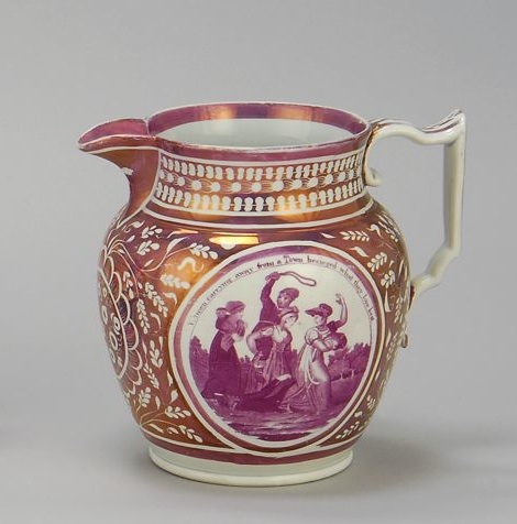 Appraisal: RARE ENGLISH PINK LUSTRE JUG Circa - With figural scene