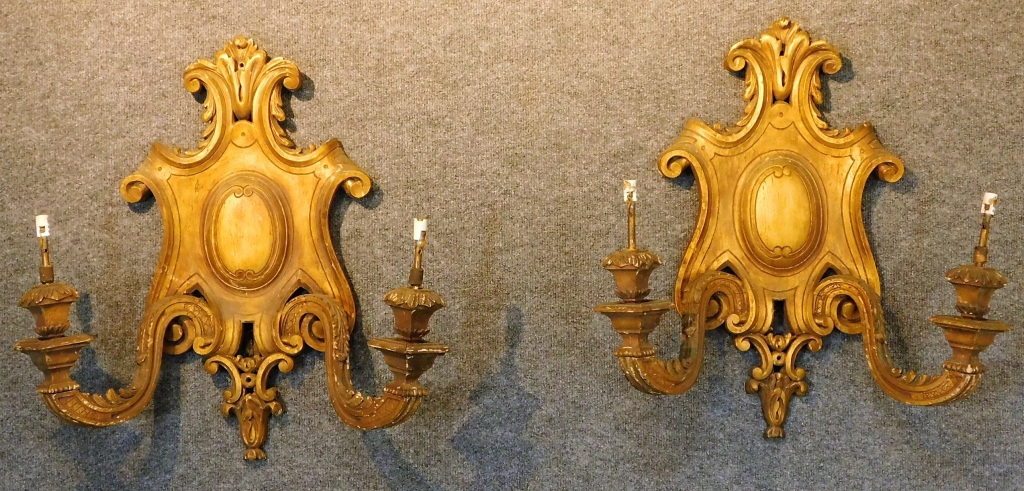 Appraisal: PR EUROPEAN CARVED GILT WOOD CARTOUCHE SCONCES Europe Late th-Early