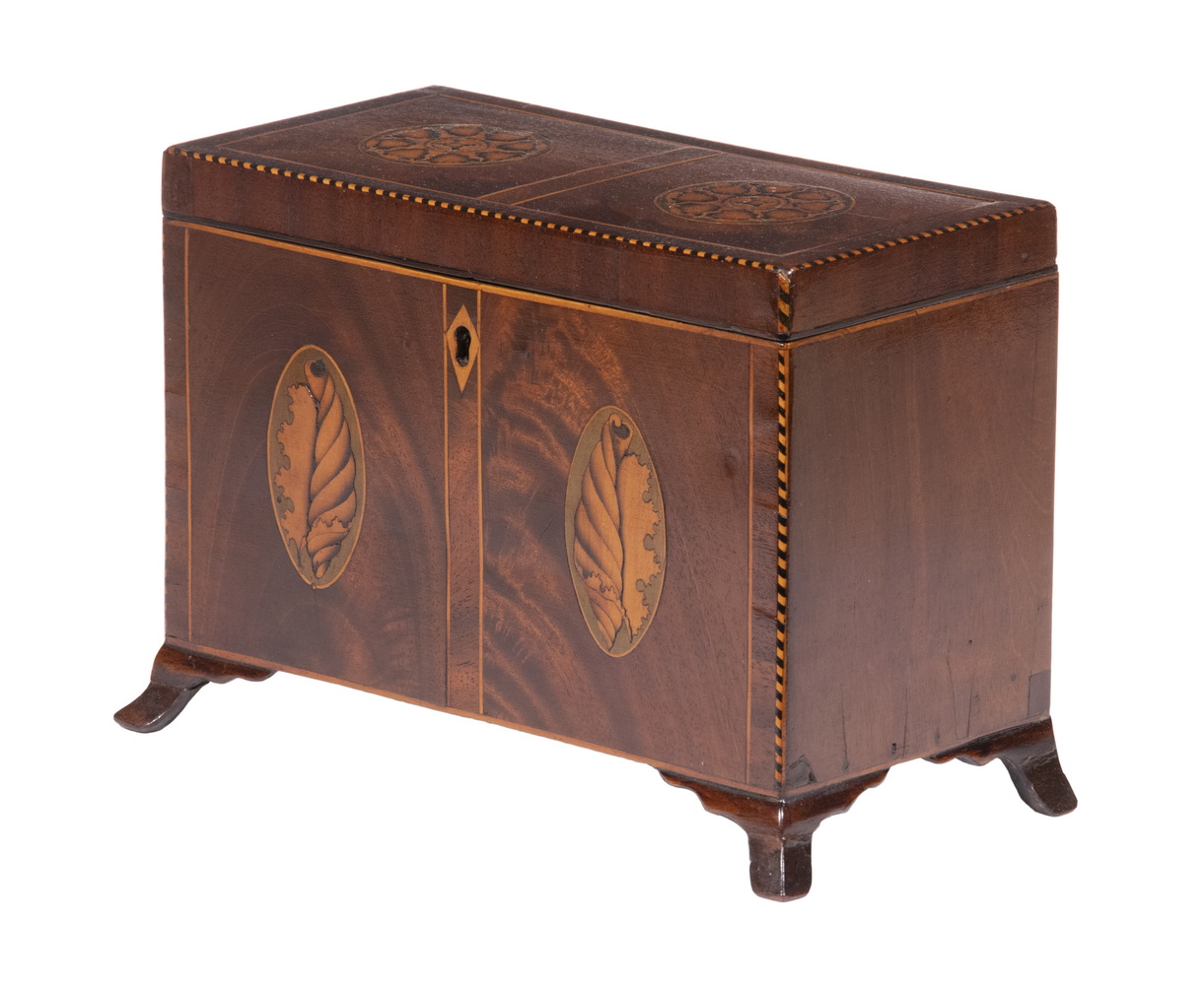 Appraisal: INLAID MAHOGANY TEA CADDY th c Rectangular Tea Caddy with