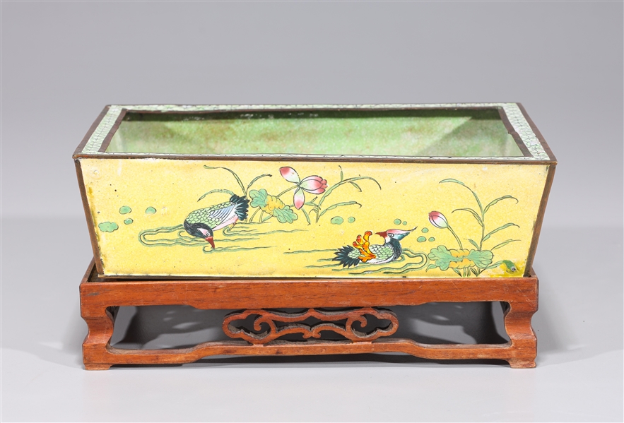 Appraisal: Antique Chinese yellow ground on enamel copper brush washer wood