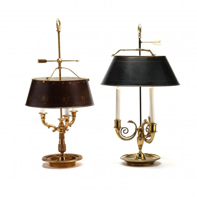 Appraisal: TWO FRENCH EMPIRE STYLE BOUILLOTTE LAMPS WITH TOLE SHADES th