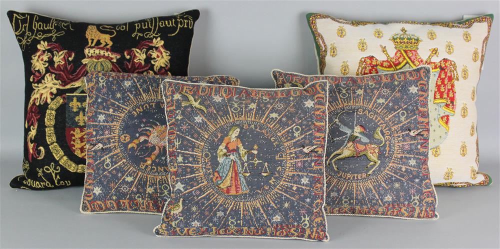 Appraisal: GROUP OF SIX WOVEN CUSHIONS INCLUDING TWO WITH HERALDIC DESIGNS