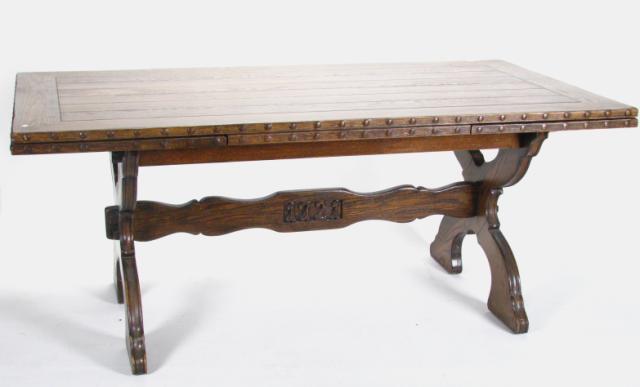 Appraisal: Romweber Viking Oak Trestle Table refractory style with carving in