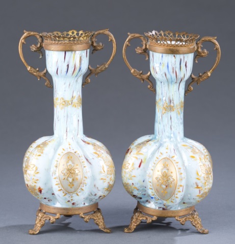 Appraisal: Pair of Brass Mounted Glass Vases Galleried and handled top