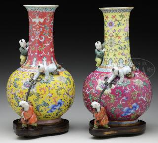 Appraisal: TWO FAMILLE ROSE THREE BOY VASES TWO FAMILLE ROSE THREE