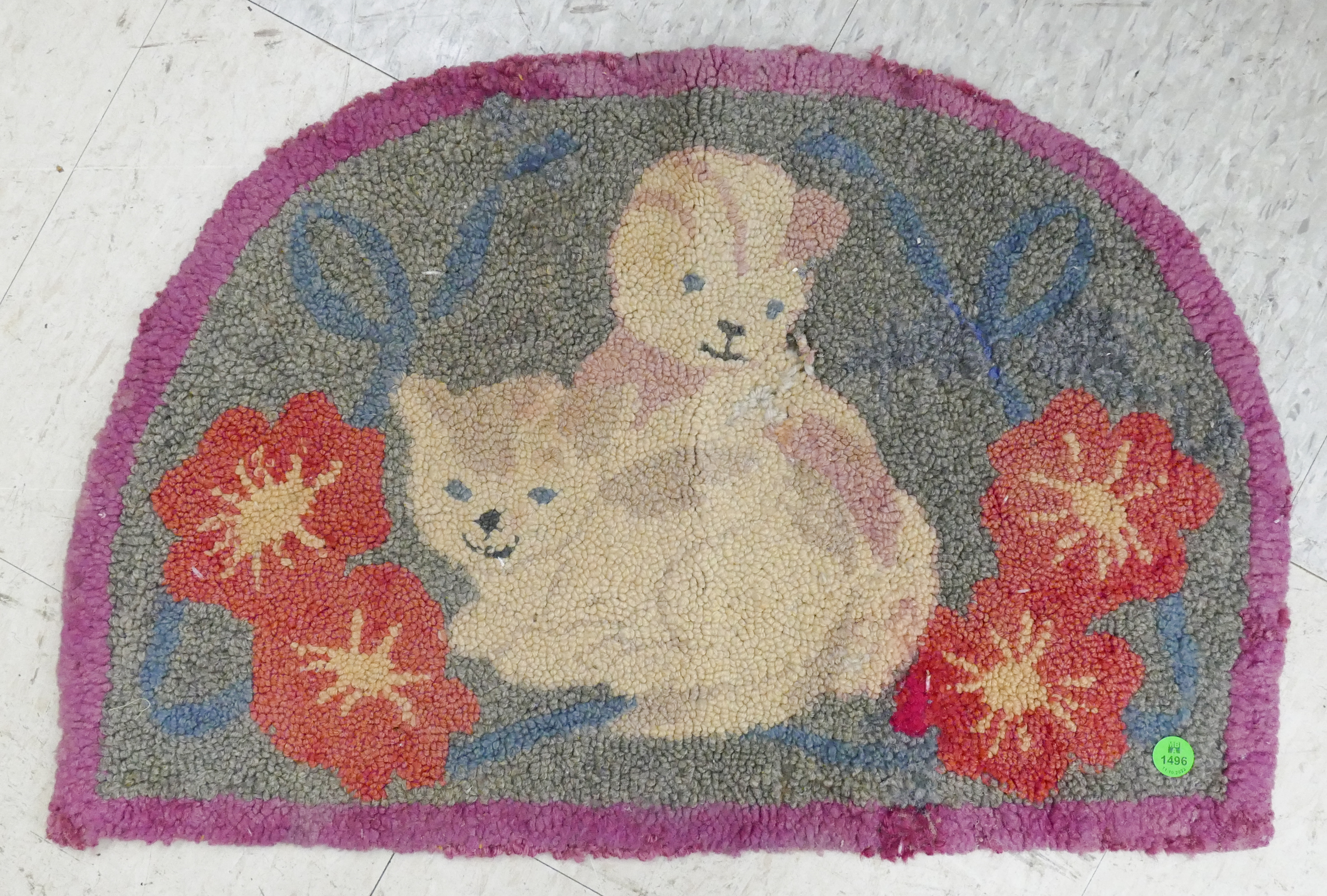 Appraisal: Old Cat Flowers Hooked Seat Cushion - x ''