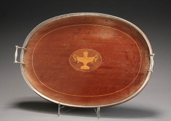 Appraisal: American Sterling Mounted Marquetry Mahogany Oval Galleried Tray Silver by