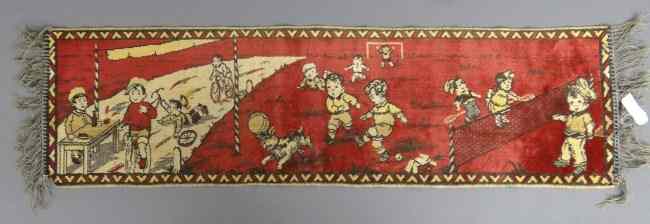 Appraisal: Vintage table rug with children playing sports includes cyclist