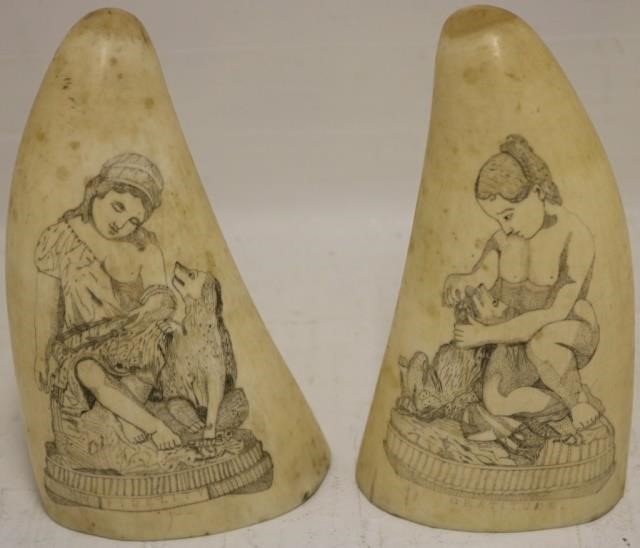 Appraisal: TWO TH C SCRIMSHAW WHALE TEETH BOTHDEPICT GIRLS WITH DOGS