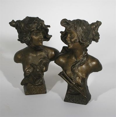 Appraisal: Cleopatre' and 'Salambo' a pair of Art Nouveau spelter busts