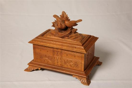 Appraisal: JEWELRY BOX Carved wood with bird nest l h