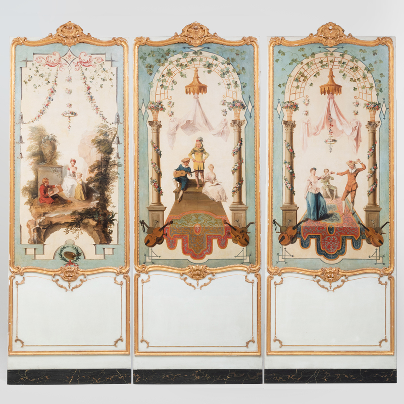 Appraisal: SET OF THREE FRENCH PAINTED PARCEL-GILT AND FAUX MARBLE PANELS