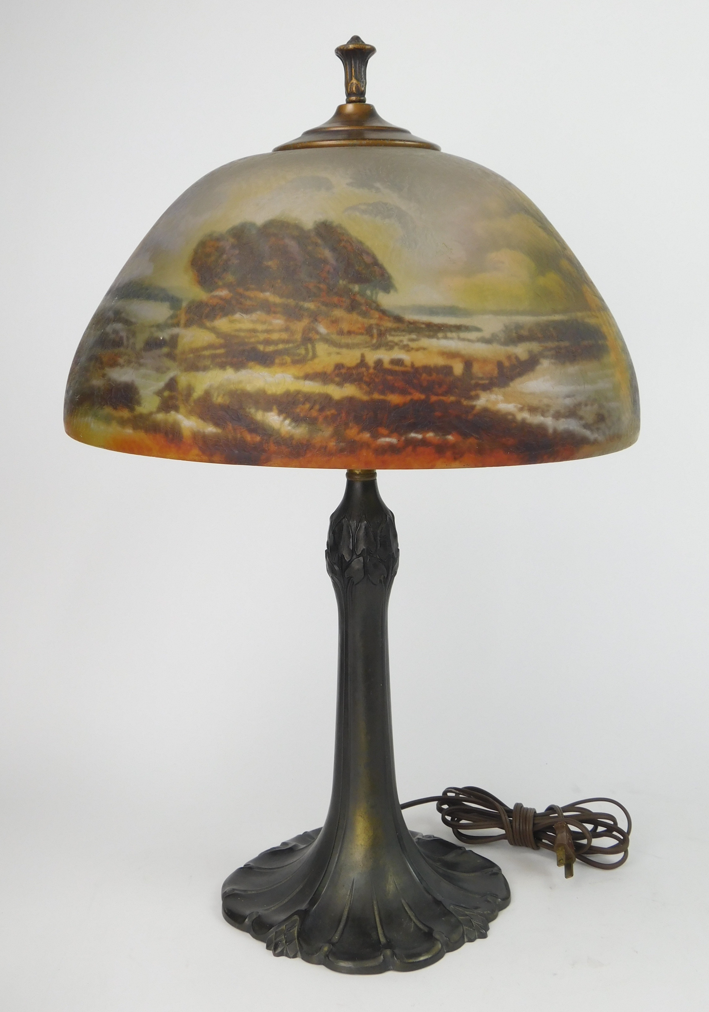 Appraisal: Pittsburgh Co reverse painted table lamp decorated with panoramic landscape