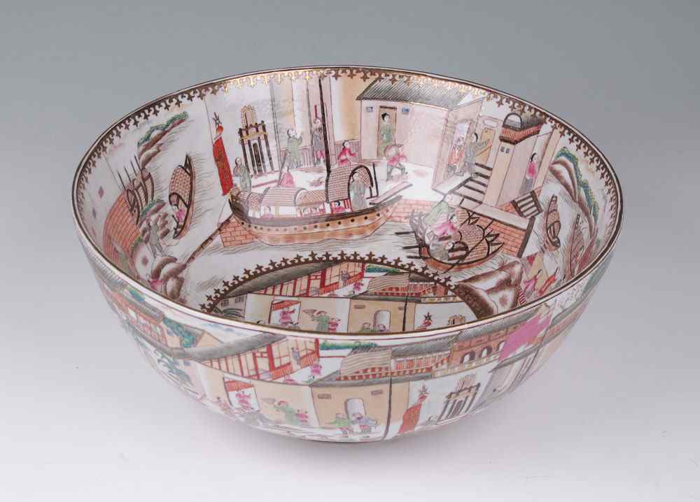 Appraisal: CHINESE POLYCHROME SCENES OF HONG KONG DESIGN PUNCH BOWL Scenes