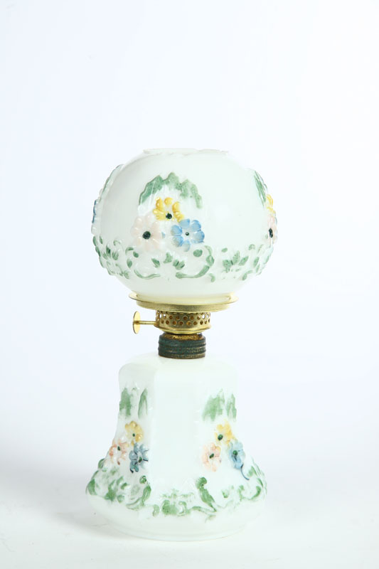 Appraisal: MINIATURE LAMP Milk glass lamp in the Cosmos pattern with