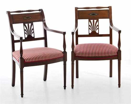 Appraisal: Pair Directoire brass-inlaid mahogany armchairs stamped Chapuis early th century