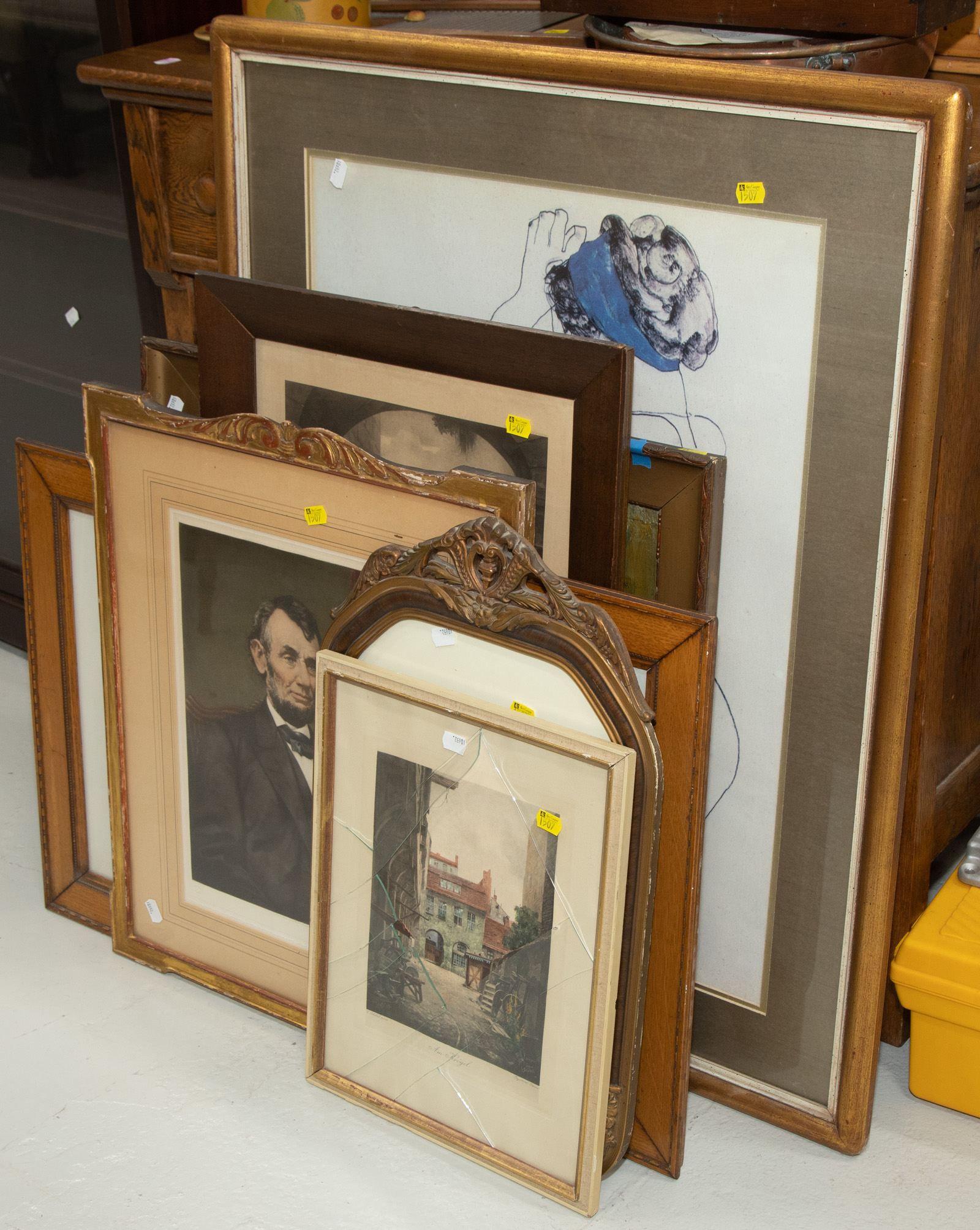 Appraisal: EIGHT FRAMED ARTWORKS Includes antique prints one oil on canvas